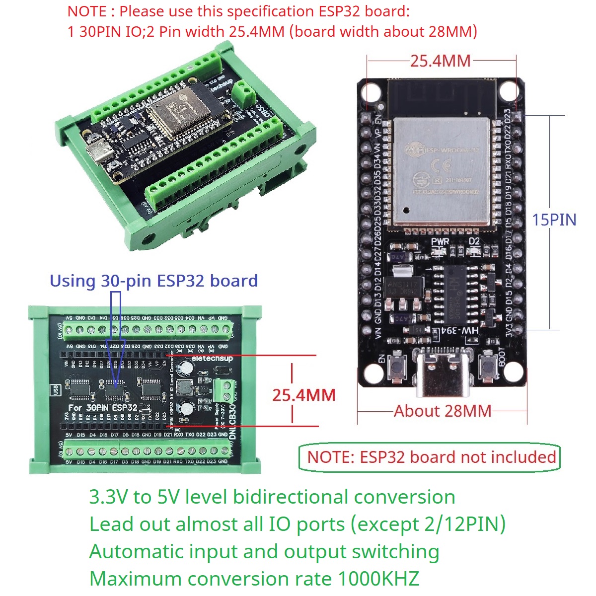 Adaptateur rail DIN ESP32 30P, - Level Shifter 3.3V avis et prix